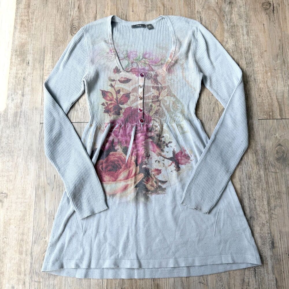 Apt 9 Y2K Fairy Grunge Ribbed Knit Floral Tunic Top Coquette Cottagecore Small